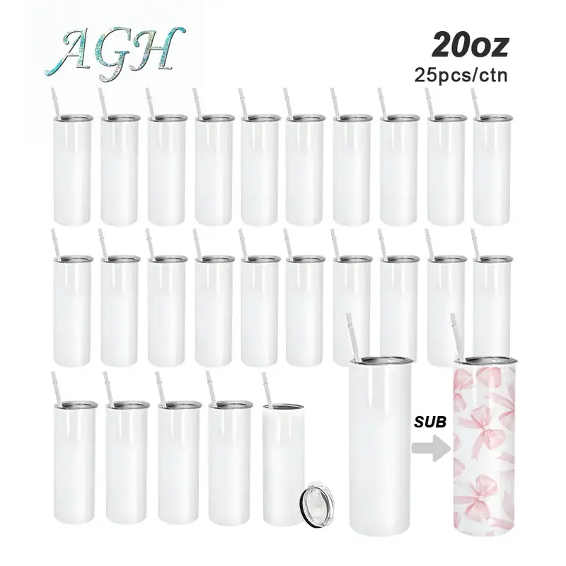 USA 25pcs 20oz Sublimation Straight Skinny Tumblers Bulk Heat Press Stainless Steel Vacuum Insulated Travel Mug with Lid stra...
