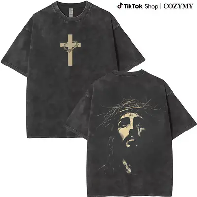 Jesus Crown of Thorns Washed Tshirt, God Apparel Tee, Easter T-Shirt, Jesus T-Shirt, Easter Streetwear, Christian Apparel Gra...