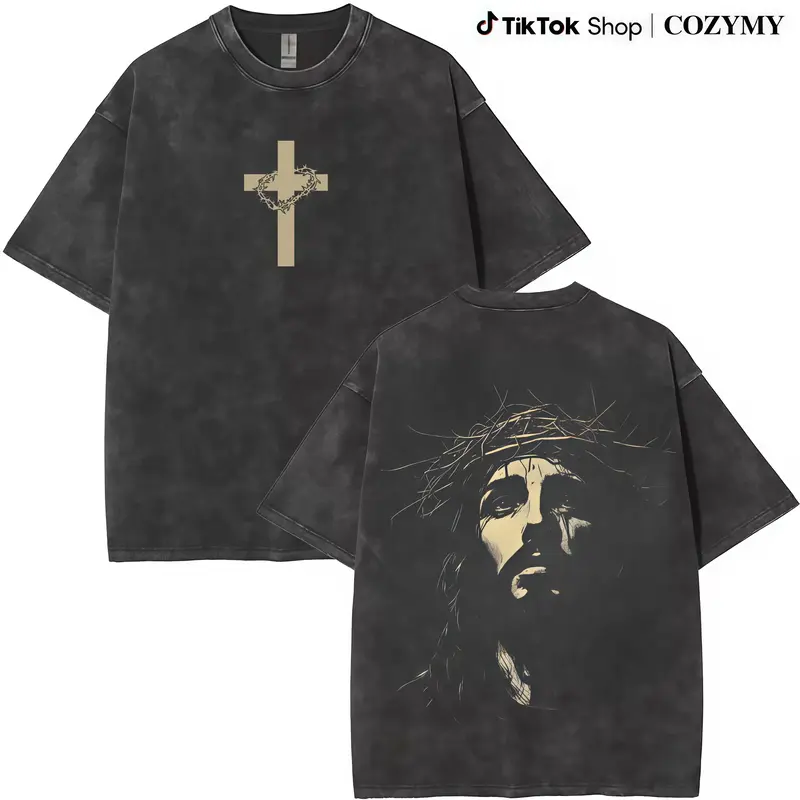 Jesus Crown of Thorns Washed Tshirt, God Apparel Tee, Easter T-Shirt, Jesus T-Shirt, Easter Streetwear, Christian Apparel Gra...