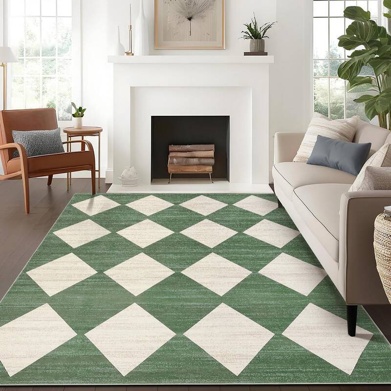 Garvee Plaid Green 9x12 Washable Checkered Area Rug Non-Slip Soft Low Pile Trellis Design Green Living Room Bedroom