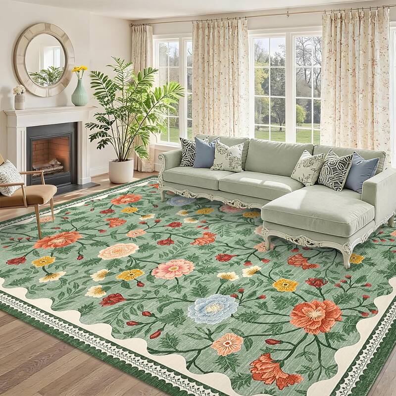 Garvee Floral 5x7 Green Rugs for Living Room Non-Slip Machine Washable Area Rugs for Girls Bedroom