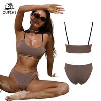 CUPSHE Women's Bikini Sets Two Piece Swimsuit Ribbed Knit Scoop Neck Adjustable Straps Textured Cheeky V Cut Bottom Swimwear ...