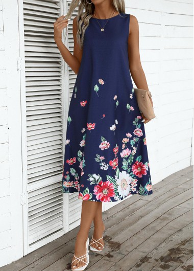 Modlily Navy Breathable Floral Print A Line Sleeveless Dress - XXL