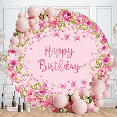 Aperturee Pink Flower Glitter Circle Birthday Backdrop