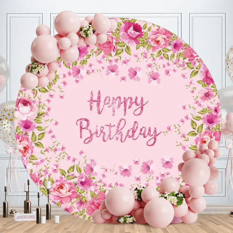 Aperturee Pink Flower Glitter Circle Birthday Backdrop