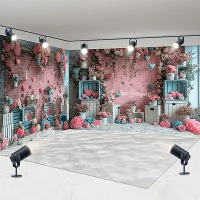 Aperturee Pink Blue Floral Valentines Vibe Room Set Backdrop, 7X7FT(Left Wall)+10X7FT(Right Wall)+10X7FT(Floor), 247.5 USD, E...