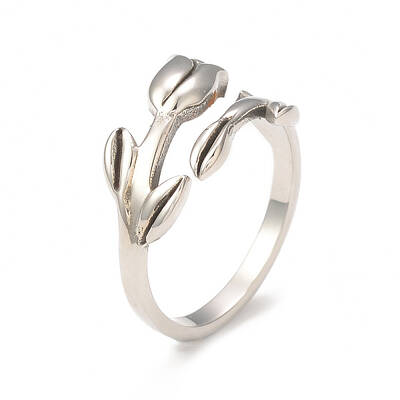 Non-Tarnish 304 Stainless Steel Flower of Life Open Cuff Ring for Women