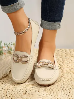 2024 New Style Casual Round Toe Loafers, Business Style Comfort Rhinestones Chain Decor Flat Walking Shoes for Women Daily Ev...