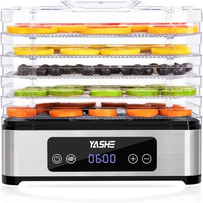 YASHE Food Dehydrator Machine, 5 Stainless Steel Trays, 48H Timer, Temperature Control, Recipe Book – Perfect for Jerky, Me...