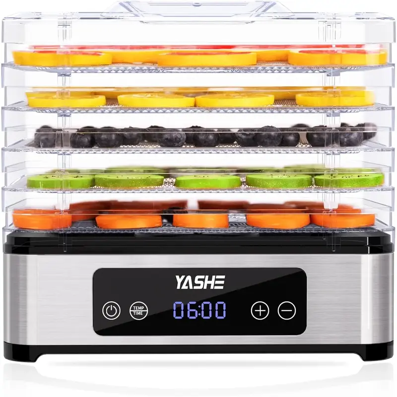 YASHE Food Dehydrator Machine, 5 Stainless Steel Trays, 48H Timer, Temperature Control, Recipe Book – Perfect for Jerky, Me...