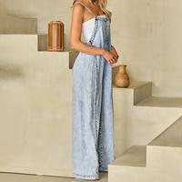 Students Beau Blue Light Wash Frayed Exposed Seam Wide Leg Denim Overall