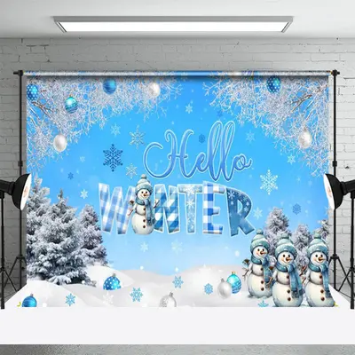 Hello Winter Snowflake Snowman Pine Blue Backdrop - Aperturee