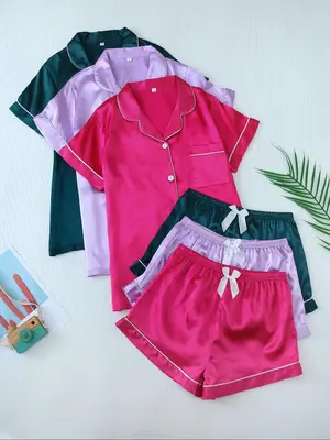 Three-piece Set Women's Contrast Binding Satin Pyjamas Set, Casual Pocket Shirt & Elastic Waist Shorts Set, Summer Clothes fo...