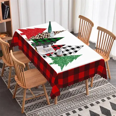 Sparkling Pine Trees Red Plaid Christmas Tablecloth - Aperturee