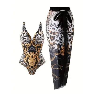 New European And American Printed One-piece Swimsuit with Lace Up Mesh Long Skirt, Conservative Vacation Two-piece Swimsuit S...