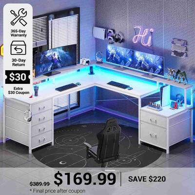 SEDETA 108 Inch L Shaped Gaming Desk Two Person Desk with File Drawer and Power Outlet White Home Office Furniture