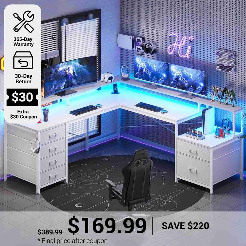 SEDETA 108 Inch L Shaped Gaming Desk Two Person Desk with File Drawer and Power Outlet White Home Office Furniture