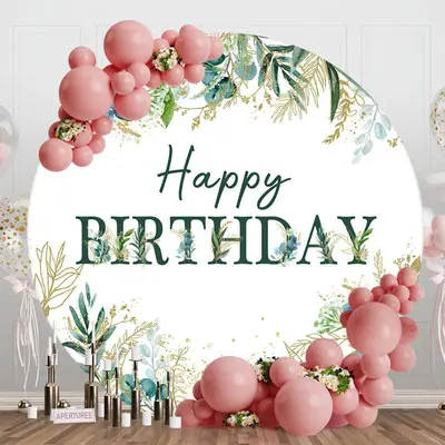 Green Gold Leaves Round Happy Birthday Backdrop - Aperturee