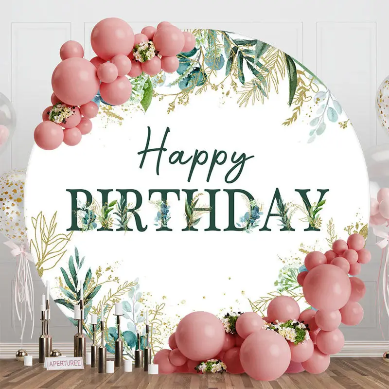 Green Gold Leaves Round Happy Birthday Backdrop - Aperturee