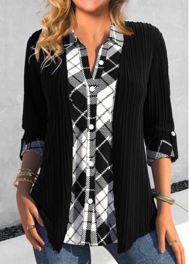 Modlily Black Button Fake 2in1 Plaid Blouse - L