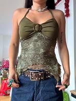 Women's Paisley Print Lettuce Trim O-ring Ruched Halter Cami Top, Casual Boho Tie Back Backless Top for Summer, Fashion Women...