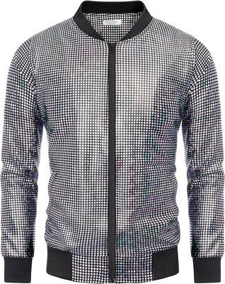70s Disco Christmas Party Zip-up Jacket (US Only), Sequined Laser Silver / L