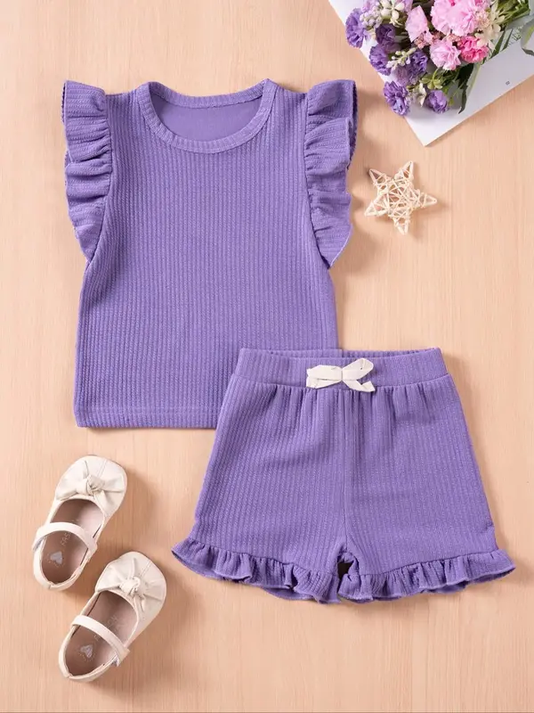 Two-Piece Set Toddler Girl's Solid Ruffle Trim Tee & Bow Decor Shorts, Cute Casual Round Neck Top & Shorts for Daily Wear, Ki...