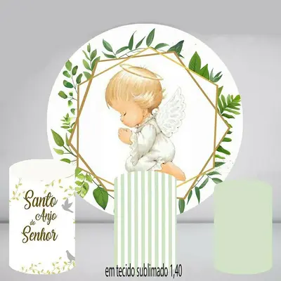 Aperturee Green Leaves And Angle Round White Baby Shower Backdrop Kit | Round Party Backdrop | Round Baby Shower Backdrop | R...