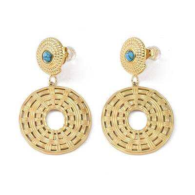 Natural Turquoise & 304 Stainless Steel Rope Disc Dangle Stud Earrings for Women