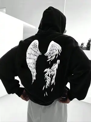 Men's Wings Print Drop Shoulder Hoodie, Street Trendy Fashion Drawstring Pocket Hooded Sweatshirt for Daily Wear, Men's Tops...
