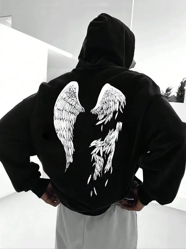 Men's Wings Print Drop Shoulder Hoodie, Street Trendy Fashion Drawstring Pocket Hooded Sweatshirt for Daily Wear, Men's Tops...