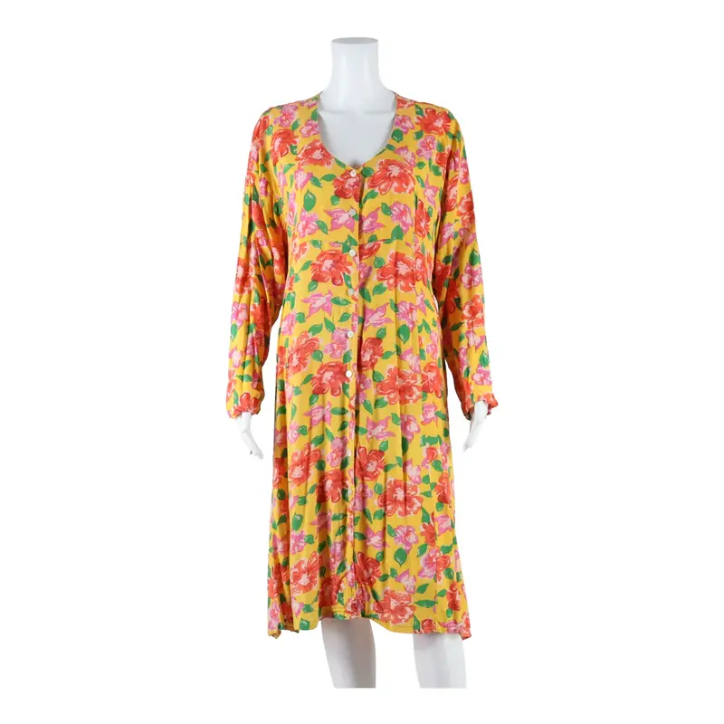 CONFETTI Womens A-Line Dress Yellow Viscose Floral Long Sleeve Knee Length L