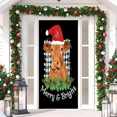 Merry Bright Cow Hat Black Christmas Door Cover - Aperturee
