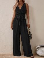 Women's Ruched Belted Tank Jumpsuit, Modern Fit Casual Loose Fit Sleeveless V Neck Straight Leg Jumpsuit, Jumpsuit for Women,...