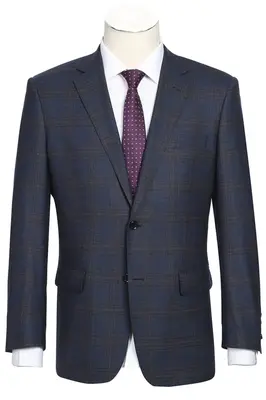 Classic Fit Men's Wool Suit - Two Button Vested in Brown & Blue Windowpane Plaid