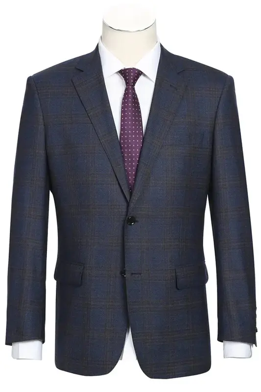 Classic Fit Men's Wool Suit - Two Button Vested in Brown & Blue Windowpane Plaid