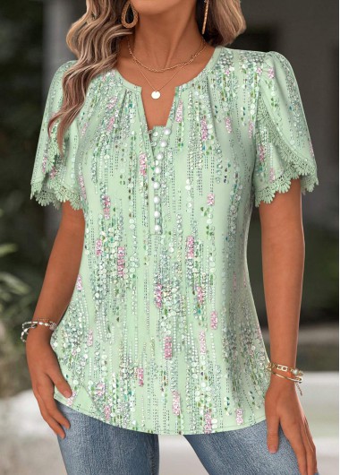 Modlily Light Green Geometric Print Short Sleeve Split Neck Blouse - L