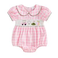 Baby Girl Cute Golf Plaid Smocked Romper Bodysuit Short Sleeve Peter Pan Collar  Jumpsuit Playsuit Newborn Coming Home Outfit...