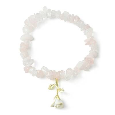 Natural Rose Quartz Chips Beaded Stretch Bracelets with Alloy Enamel Rose Charms