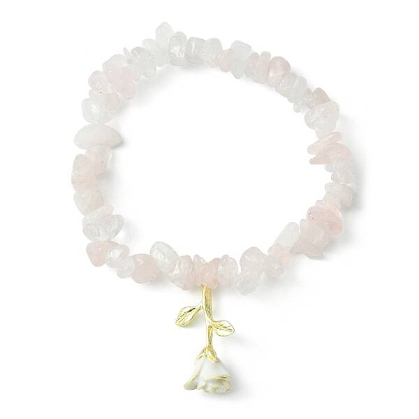 Natural Rose Quartz Chips Beaded Stretch Bracelets with Alloy Enamel Rose Charms