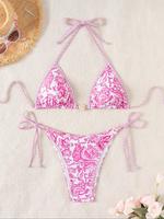 Two-Piece Set Women's Floral Print Bikini Set, Boho Fashion Flower Decor Halter Triangle Swim Bra & Tie Side Swim Panty, Lad...