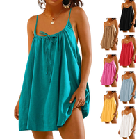 Imily Bela Womens Spaghetti Strap Swimsuit Coverup Summer Linen Tie Backless Sleeveless Beach Cami Mini Dress with Pockets