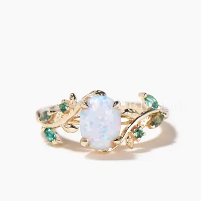 Leaf Nature Inspired Oval Cut White Opal Engagement Bridal Set 1.5ct