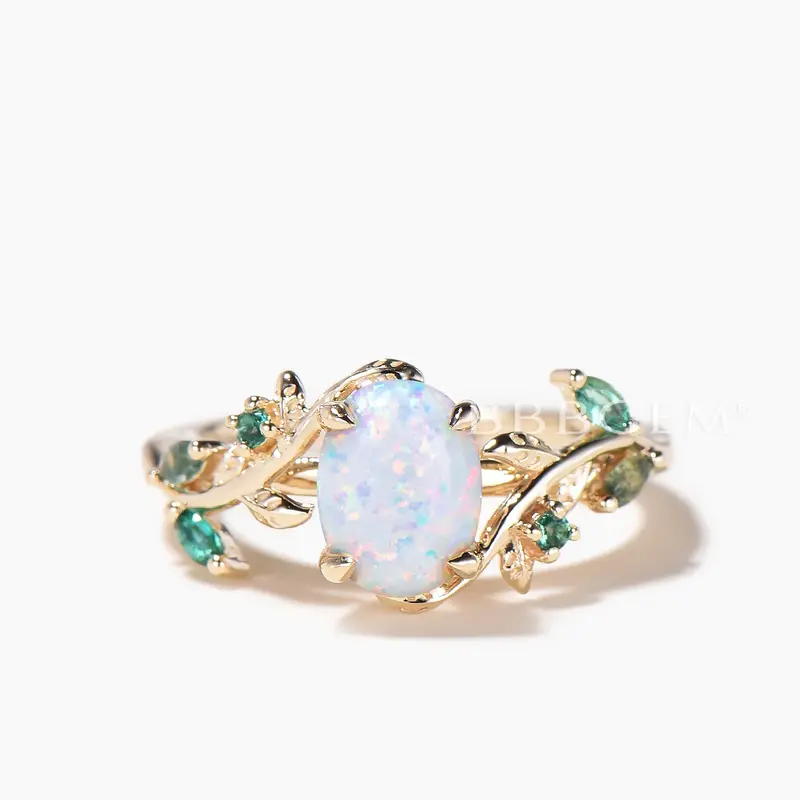 Leaf Nature Inspired Oval Cut White Opal Engagement Bridal Set 1.5ct