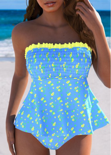 Modlily Mid Waisted Ditsy Floral Print Sky Blue Tankini Set - XL