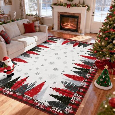 Garvee Christmas Tree Pattern Red 5x7 Rug - Washable Non-Slip & Stain Resistant Low Pile for Hallway, Entryway & Festive Bedr...