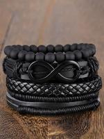 Vintage Braided Rope Leather Bracelet Set, 4 Counts/set Black Beaded Bracelet & Link Matching Summer Bracelet, Boho Adjustabl...