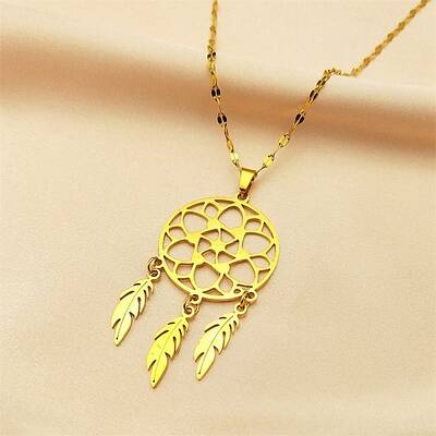 Woven Net/Web with Feather 304 Stainless Steel Boho Pendant Necklaces for Women