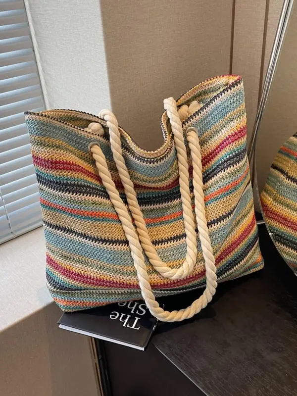 Boho Style Colorful Striped Pattern Tote Bag, Lightweight Casual Commute Shopping Date Underarm Diagonal Shoulder Bag, Fashio...