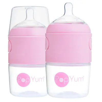 PopYum 5oz Pink Anti-Colic Formula Making Baby Bottle, 2-Pack with #1 Slow Flow Nipples